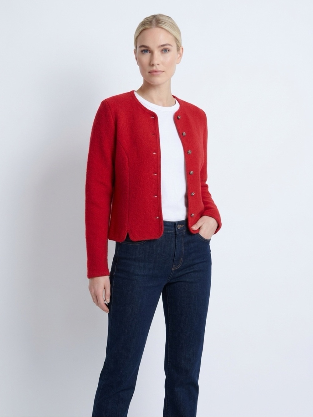 Vintage Original Salzburger Austrian Red Boiled Wool Trachten Jacket 4/6 Small - Picture 5 of 8